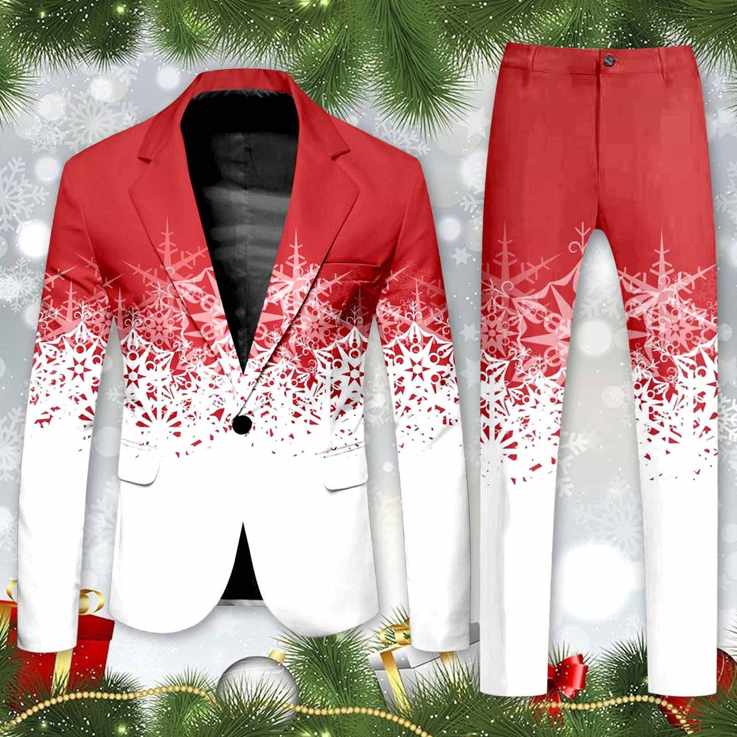 Blazer Men's Christmas 2 Piece Suit Set Snowflake Print Suit Jacket And Pants S image 1