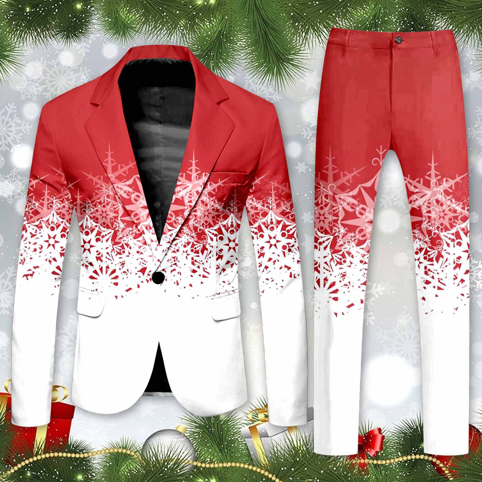 Blazer Men's Christmas 2 Piece Suit Set Snowflake Print Suit Jacket And Pants S image 1