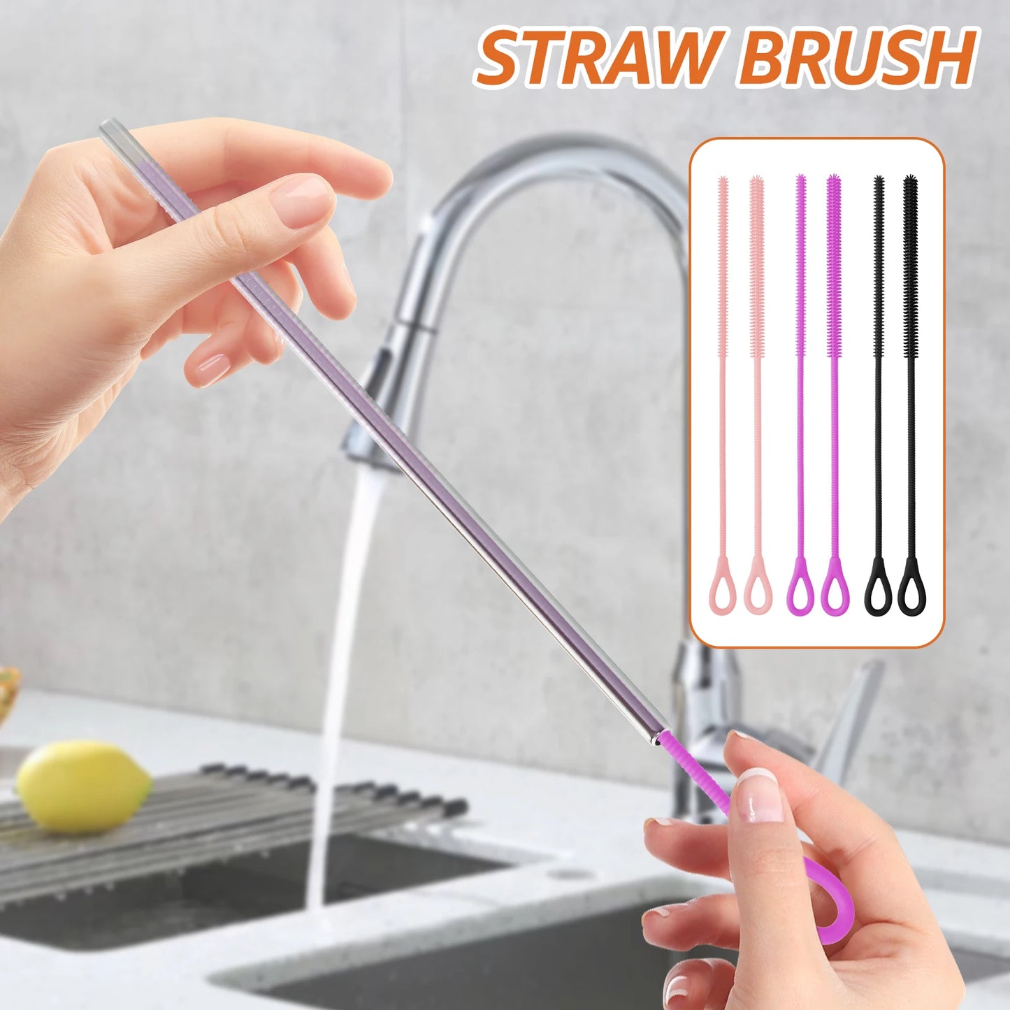 2 Pcs 6mm and 9mm Silicone Straw Brushes Reusable Straws Deep Cleaning Brush Lo image 4