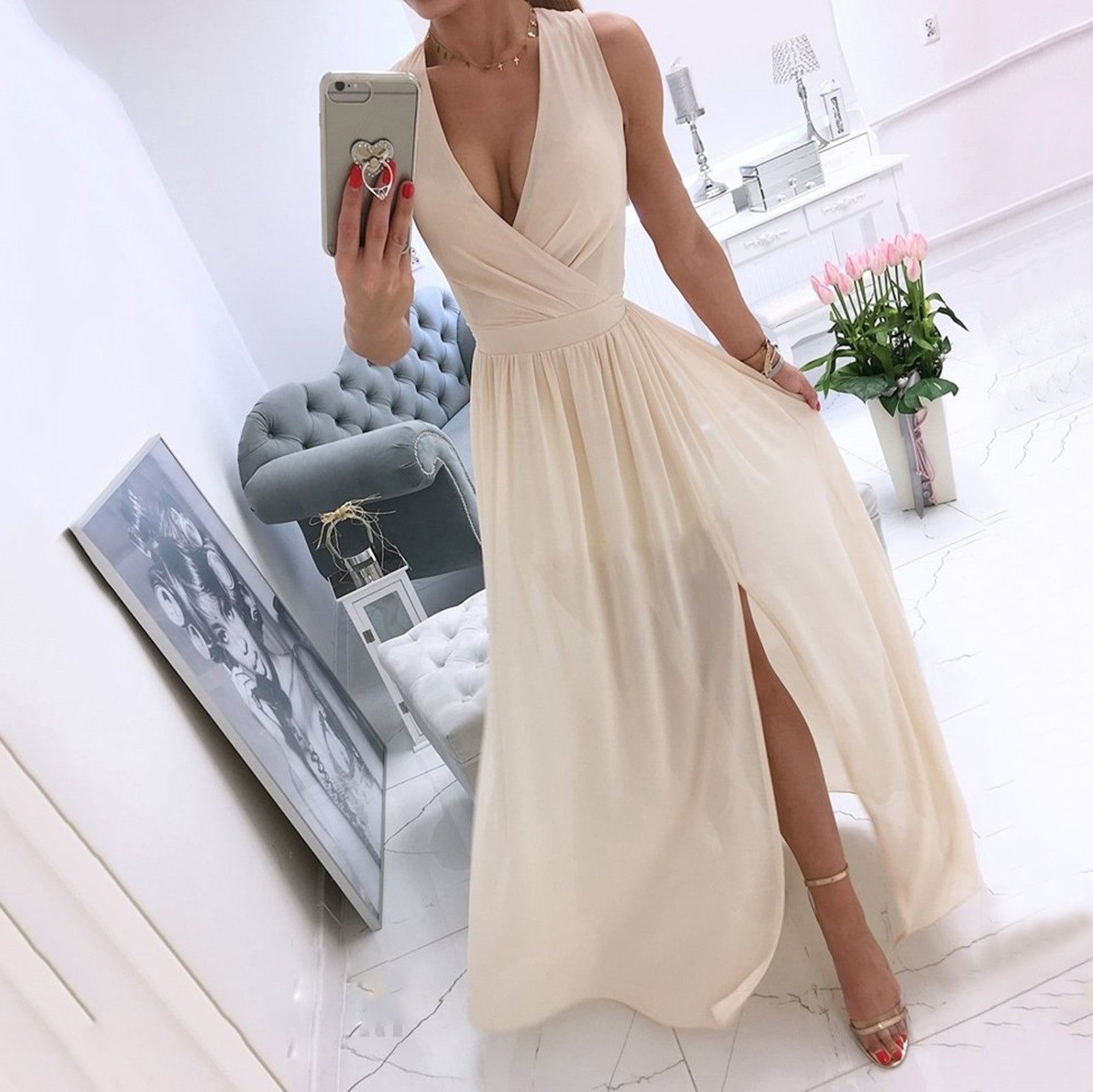 Women's Dresses Summer Pleated  V Neck Sleeveless Side Slit Long Maxi Casual Ch image 1
