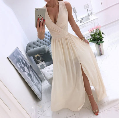 Women's Dresses Summer Pleated  V Neck Sleeveless Side Slit Long Maxi Casual Ch