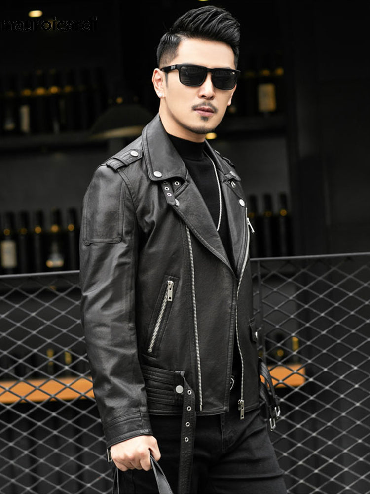 Spring Autumn Short Cool Black Leather Biker Jacket Men Zipper Long Sleeve Belt image 5