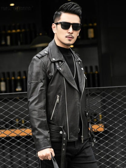 Spring Autumn Short Cool Black Leather Biker Jacket Men Zipper Long Sleeve Belt image 5