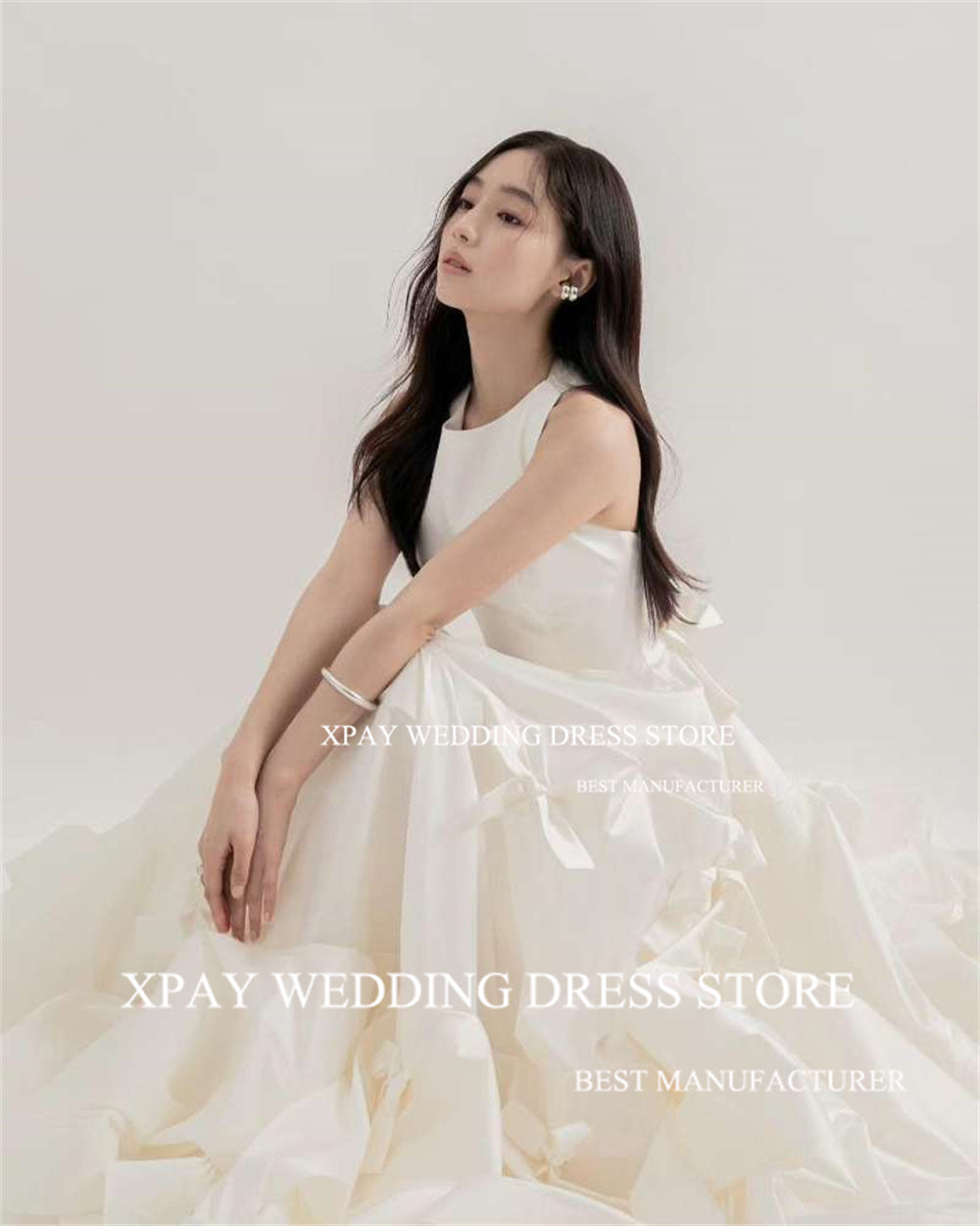 XPAY O Neck Korea Wedding Dresses Ruched Tiered Cut Out Back Wedding Pograph image 5