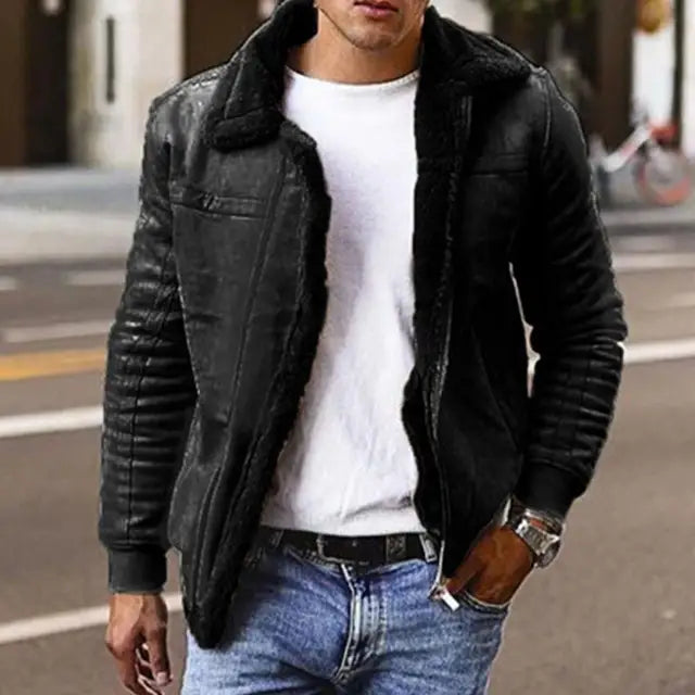 Motorcycle Jacket Men Slim Fit Collar Zipper Stand PU Leather Coat image 8