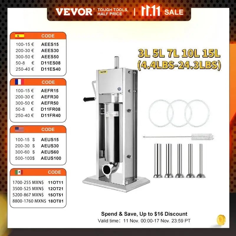 VEVOR 3L 5L 7L 10L 15L Vertical Sausage Stuffer Food Processors 5 Filling Nozzl image 1