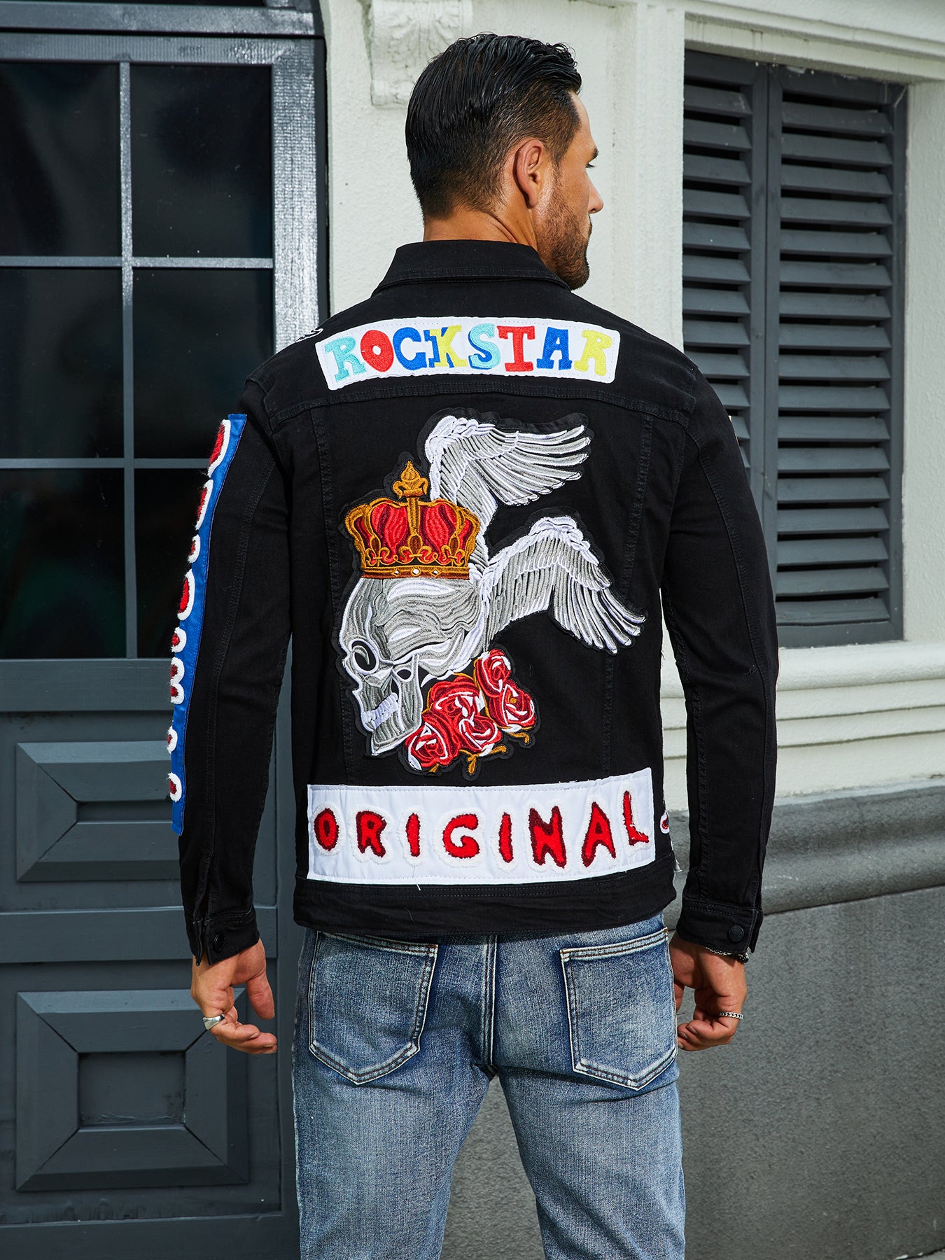 Men's stretch denim jacket, cat creases wash water, full embroidered seal desig image 3