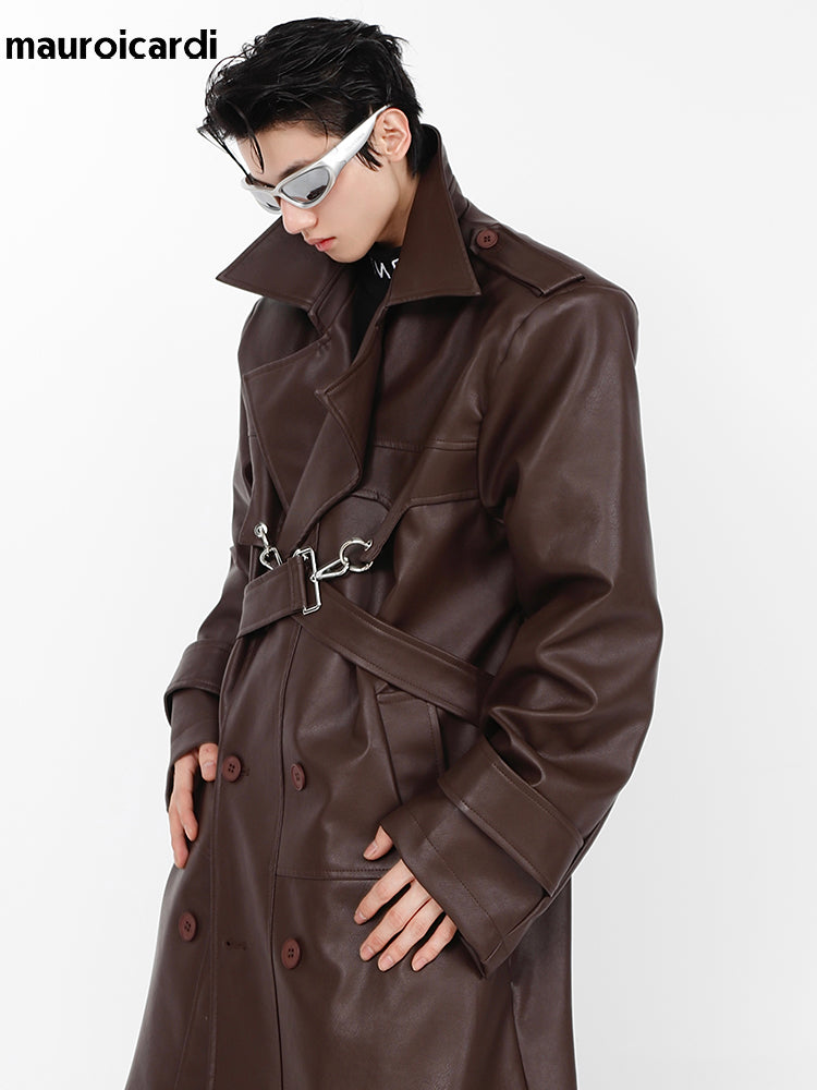Mauroicardi Spring Autumn Oversized Cool Long Black Brown Pu Leather Trench Coa image 5