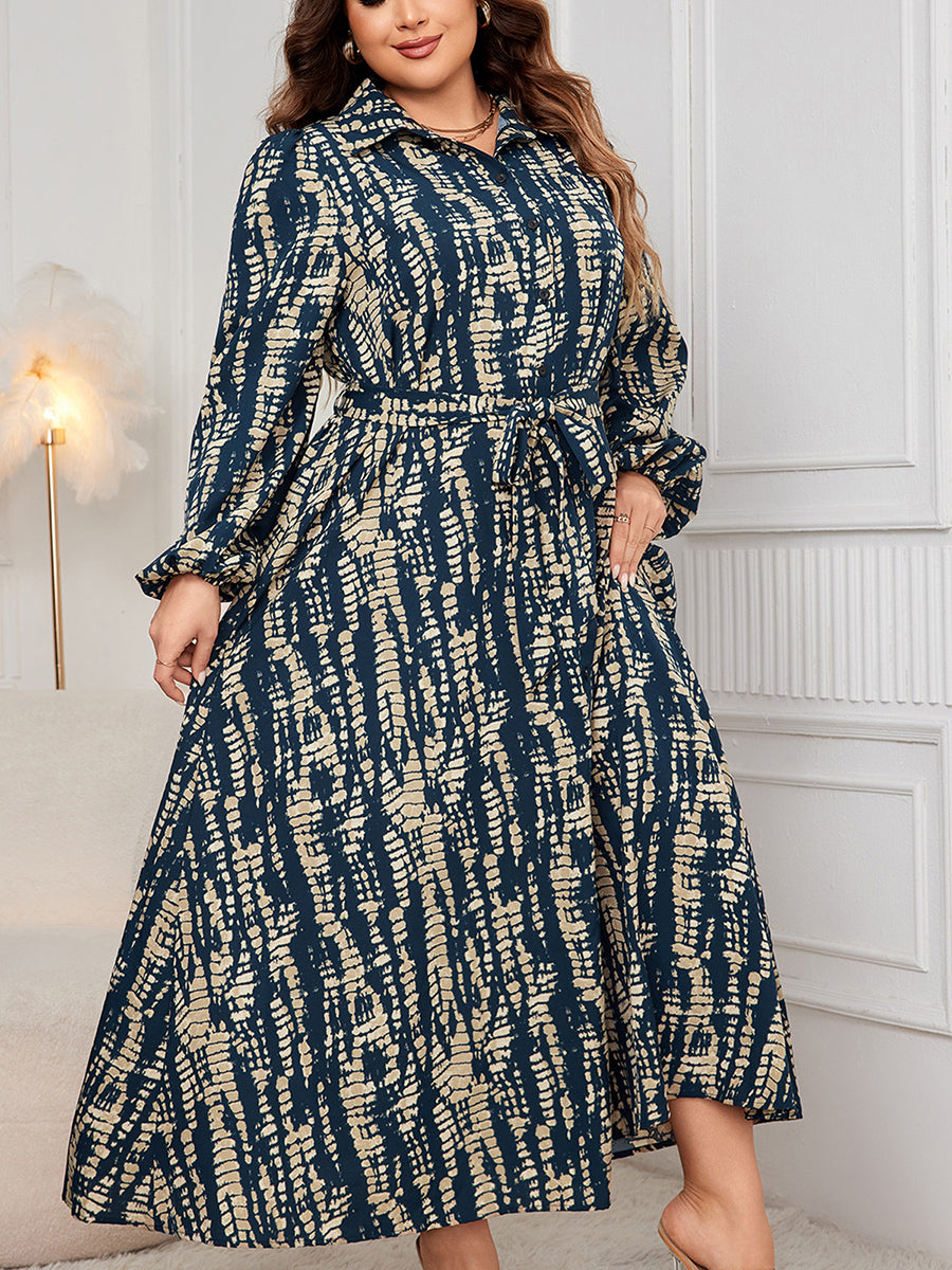 Women s Plus Size Floral Print V-Neck Long Sleeve Maxi Dress with Belt and Pock image 5