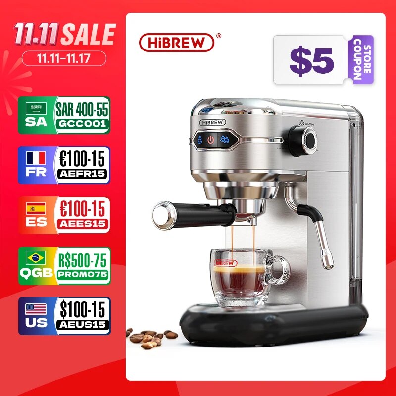 HiBREW Coffee Maker Cafetera 19 Bar Inox Semi Automatic  Slim ESE POD& Pow image 2