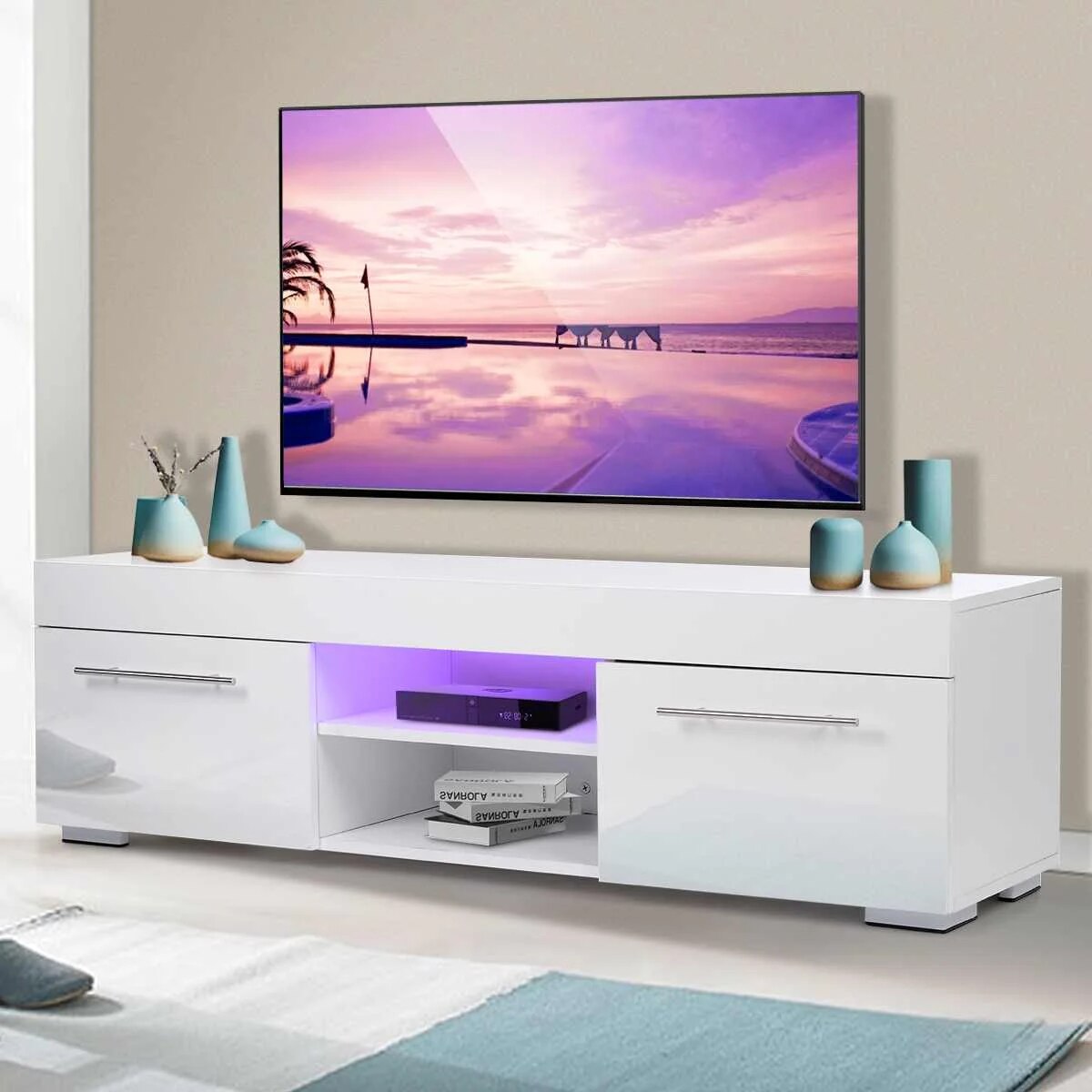 51'' High Gloss Modern TV Unit Bracket with LED Light TV Stands Living Room Fur image 4