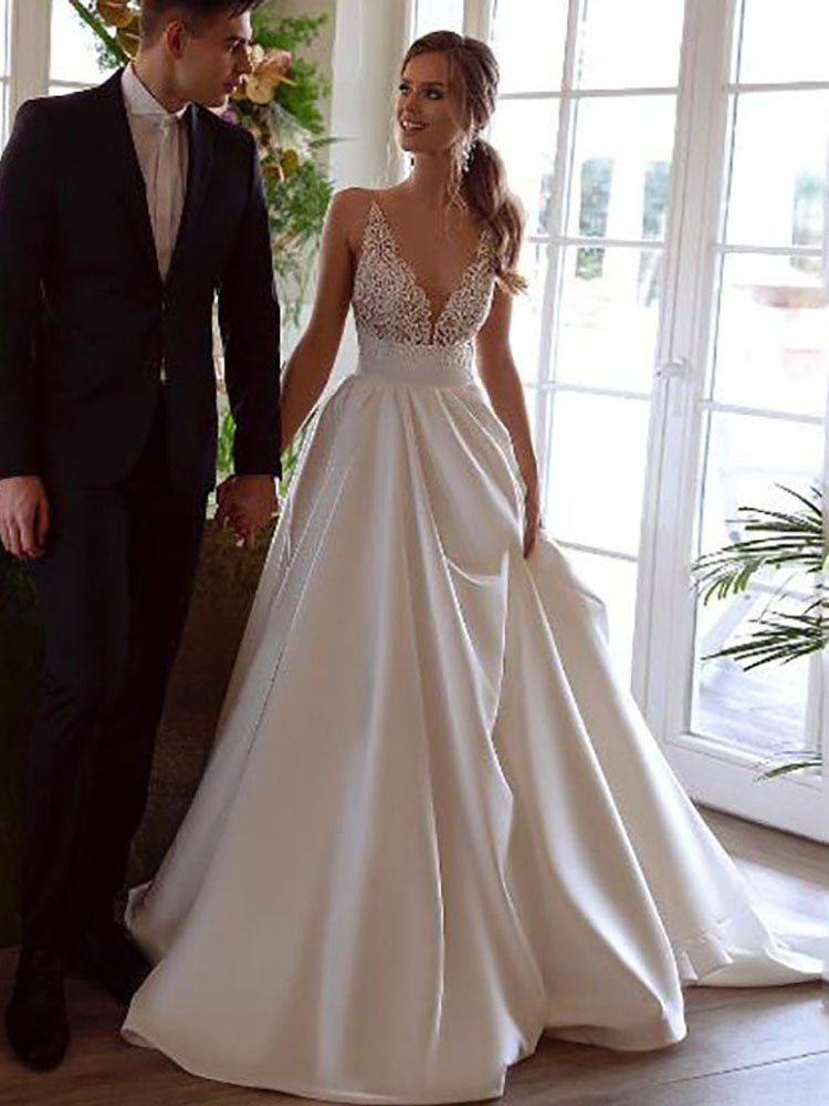 Smileven Elegant Satin Wedding Dresses Top Lace V Neck Bride Gown Backless Wedd image 1