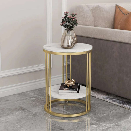 Round Marble Accent Table End 2 Tiers Storage Table G Metal Frame Nightstand