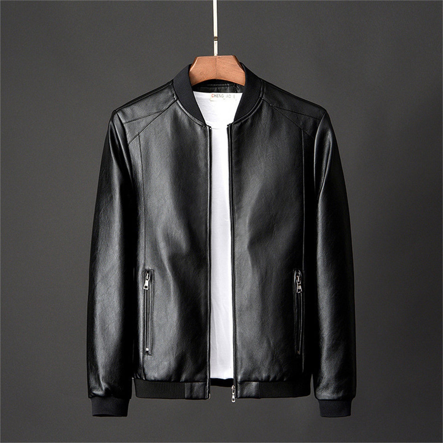 Men's Fashion Solid Color Zipper Leather Coat Autumn Winter New Casual Outerwea image 1