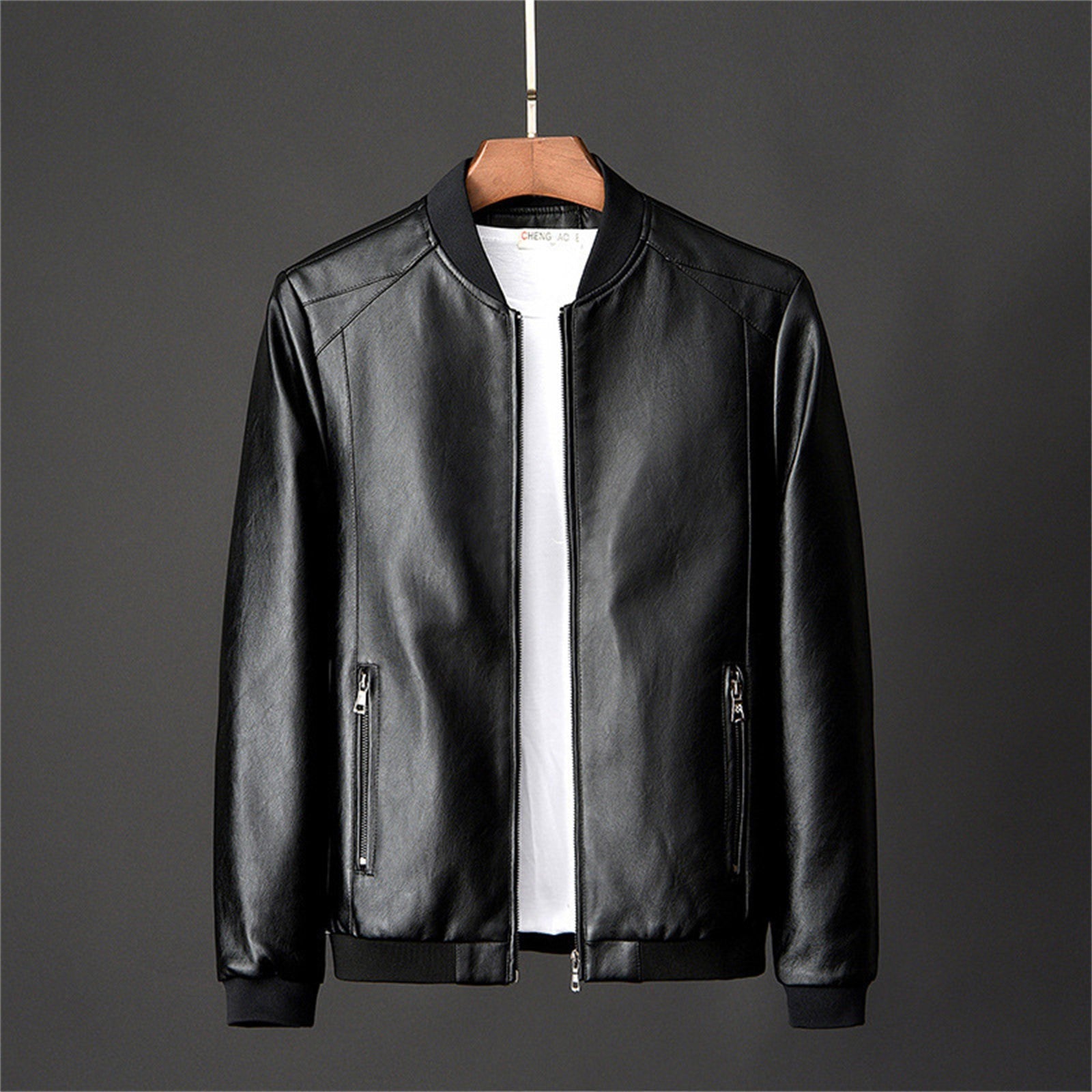 Men's Fashion Solid Color Zipper Leather Coat Autumn Winter New Casual Outerwea image 1
