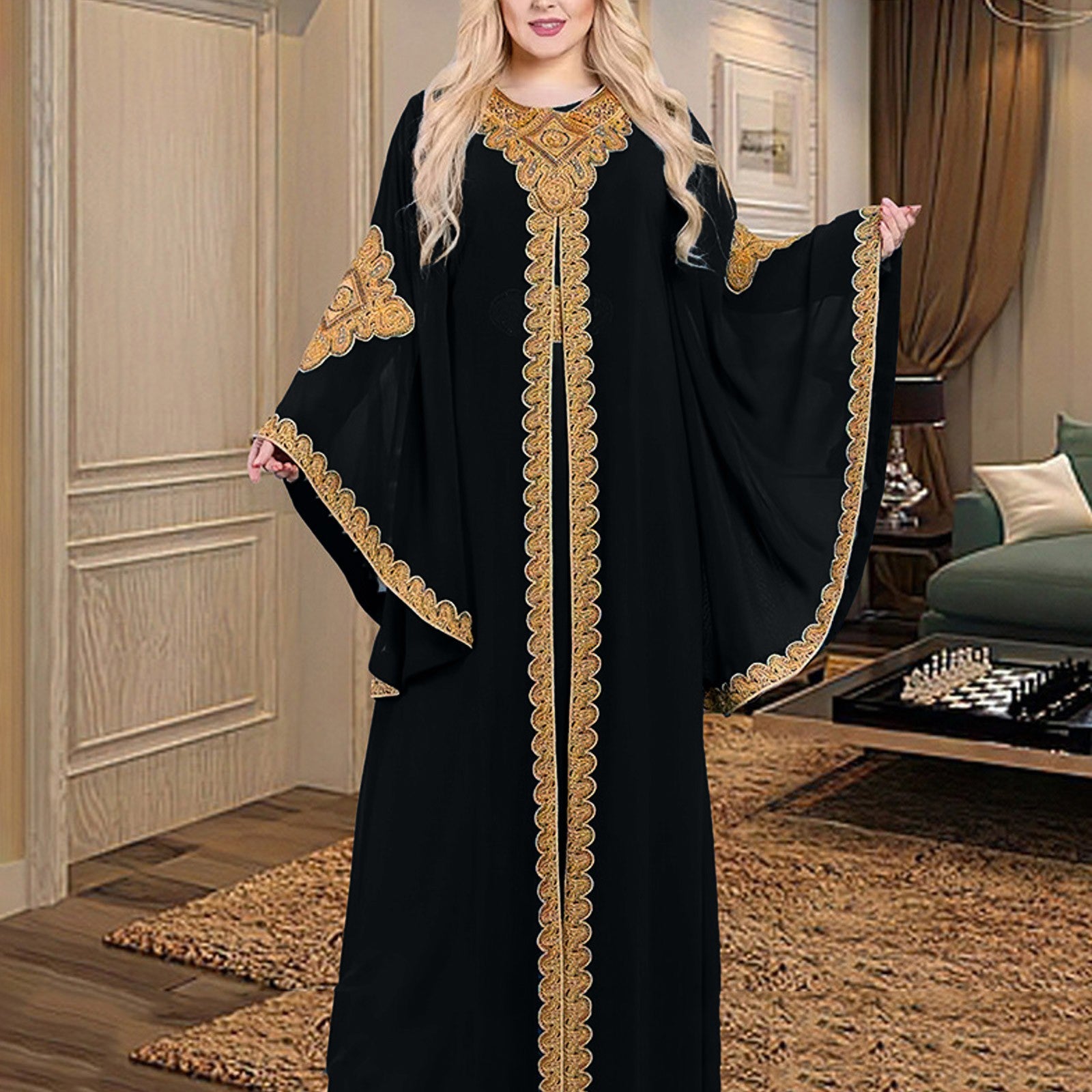 Party Dresses for Women Abaya Muslim Caftan 2 Piece Set Eid Flare Sleeves Robe image 0