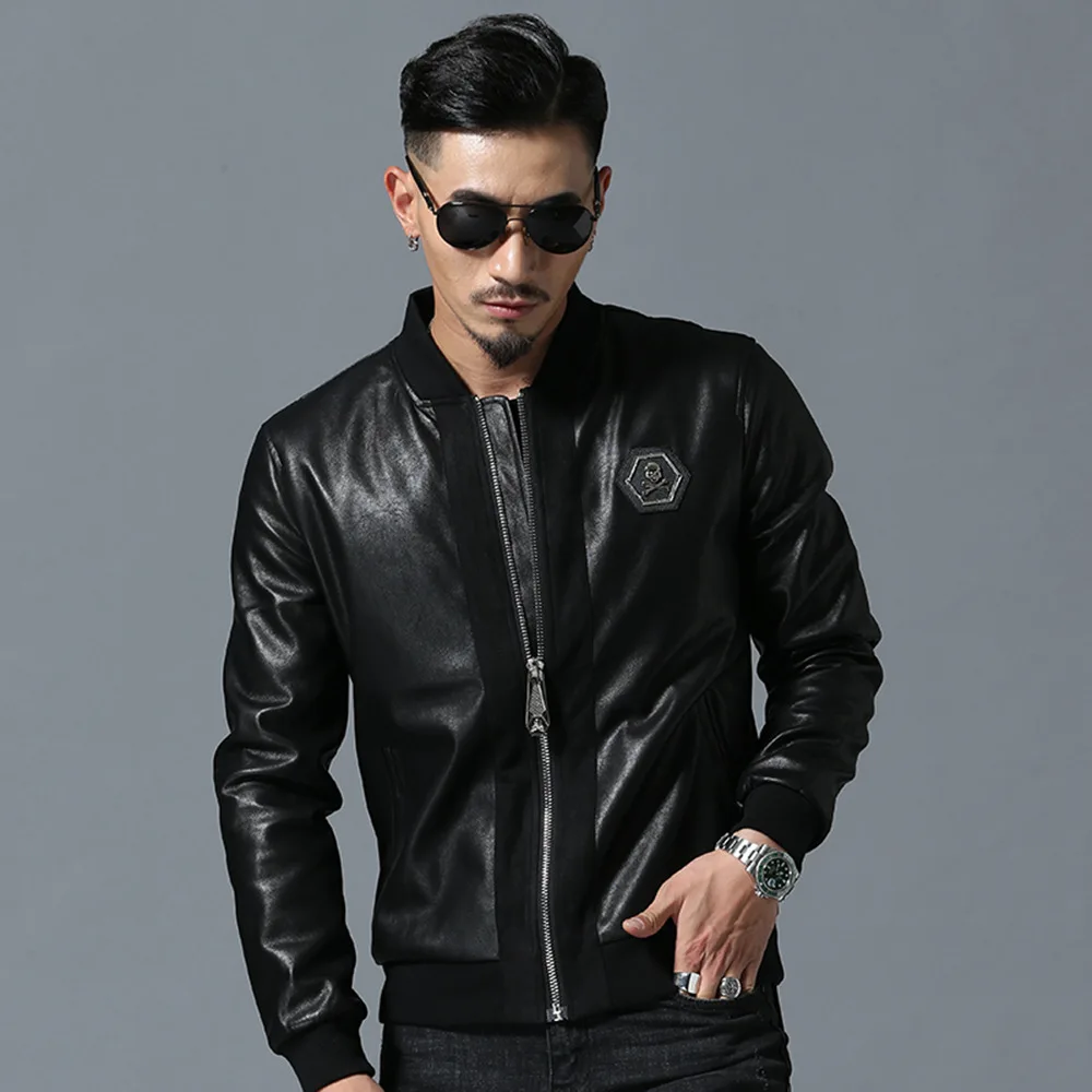Men's Trendy Skull Head Embroidery Pu Leather Baseball Collar Jacket Rhinestone image 2