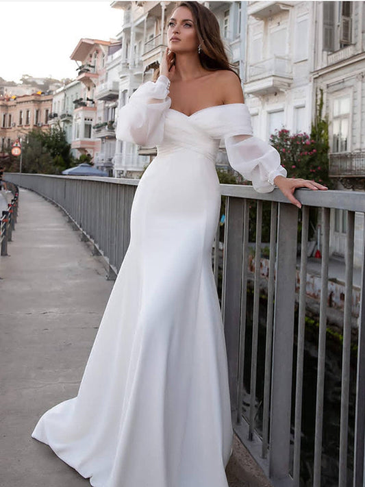 Smileven Satin Mermaid Wedding Dresses Long Fuff Sleeve  Lace Beach Bride D