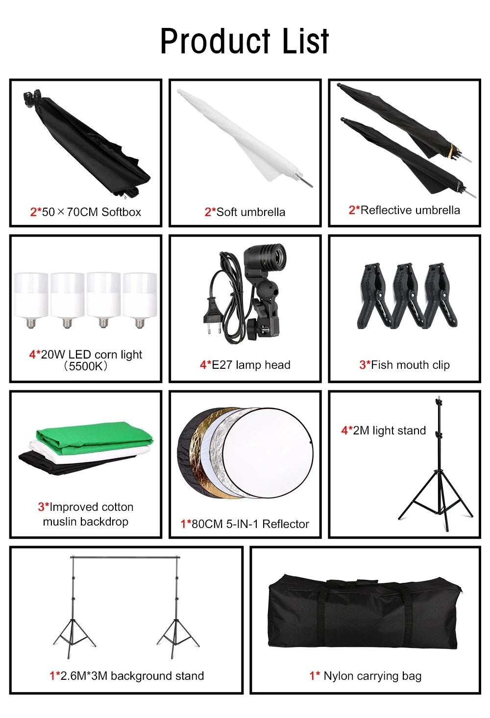 Photography Lighting Kit 2.6x3M Photo Background Muslin Backdrops & Softbox & U image 1