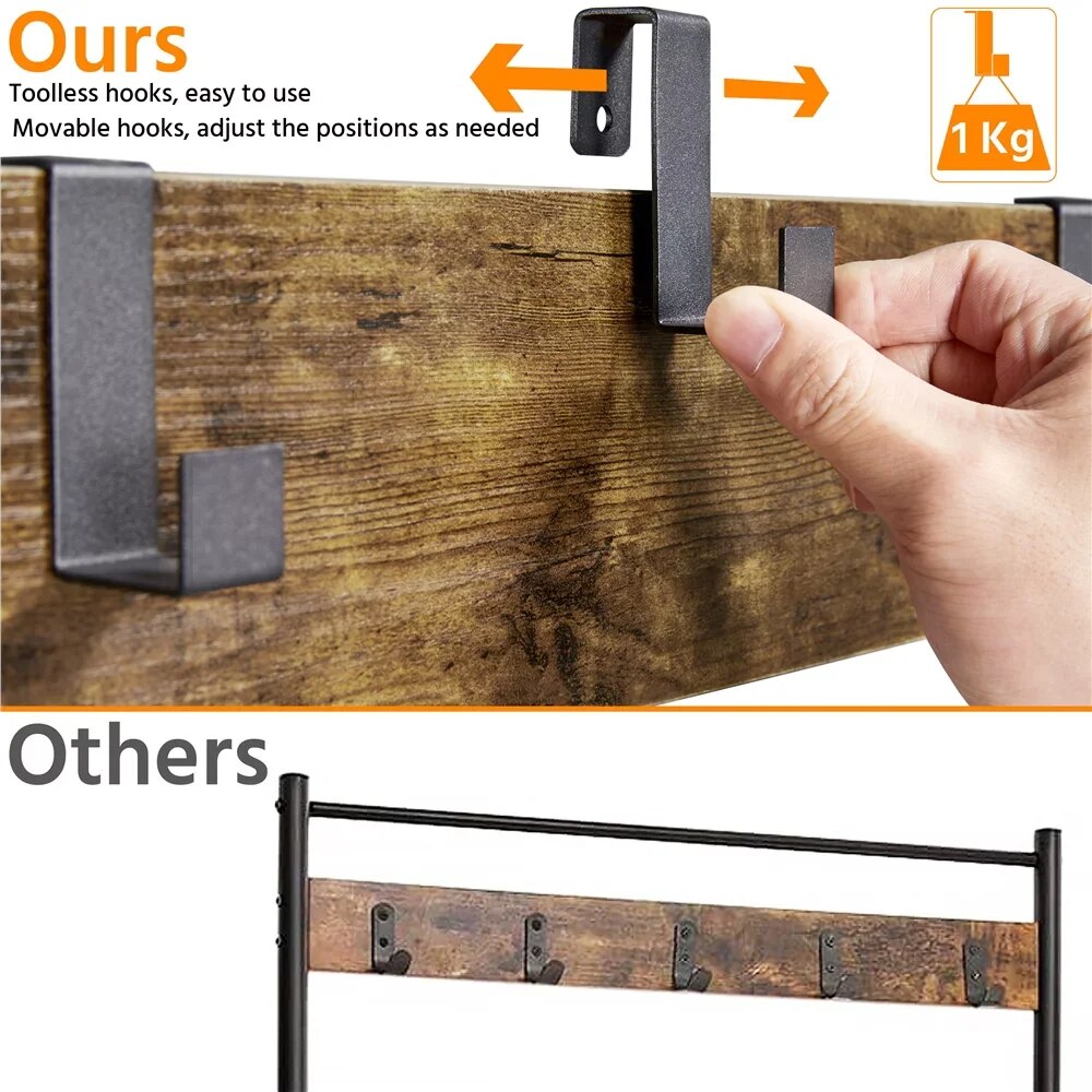 Alden Design 73" Metal Hall Tree with Shoe Storage Bench, Rustic Brown clothing image 4