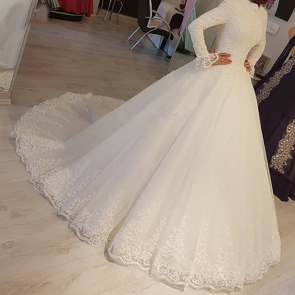 2023 White Arabic Muslim Wedding Dresses Princess High Neck Long Sleeves Lace A