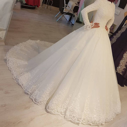 2023 White Arabic Muslim Wedding Dresses Princess High Neck Long Sleeves Lace A