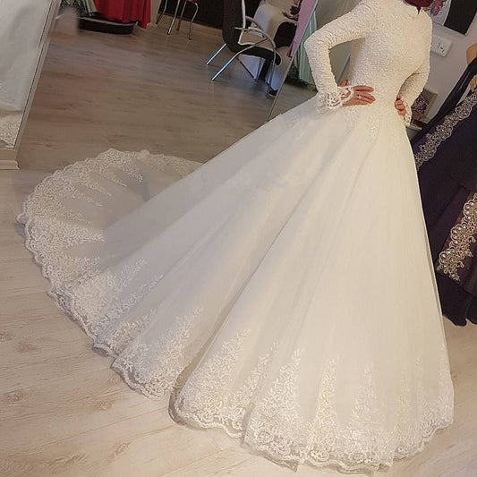2023 White Arabic Muslim Wedding Dresses Princess High Neck Long Sleeves Lace A