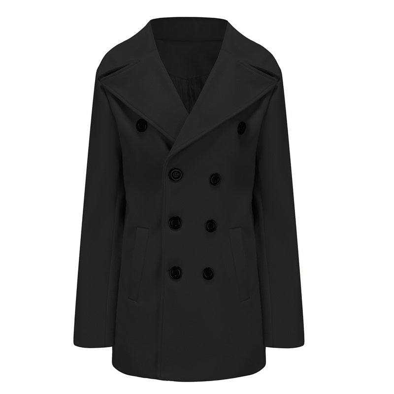 Men Winter Woolen Coats with Lapel Neck Long Sleeve Double Breasted B