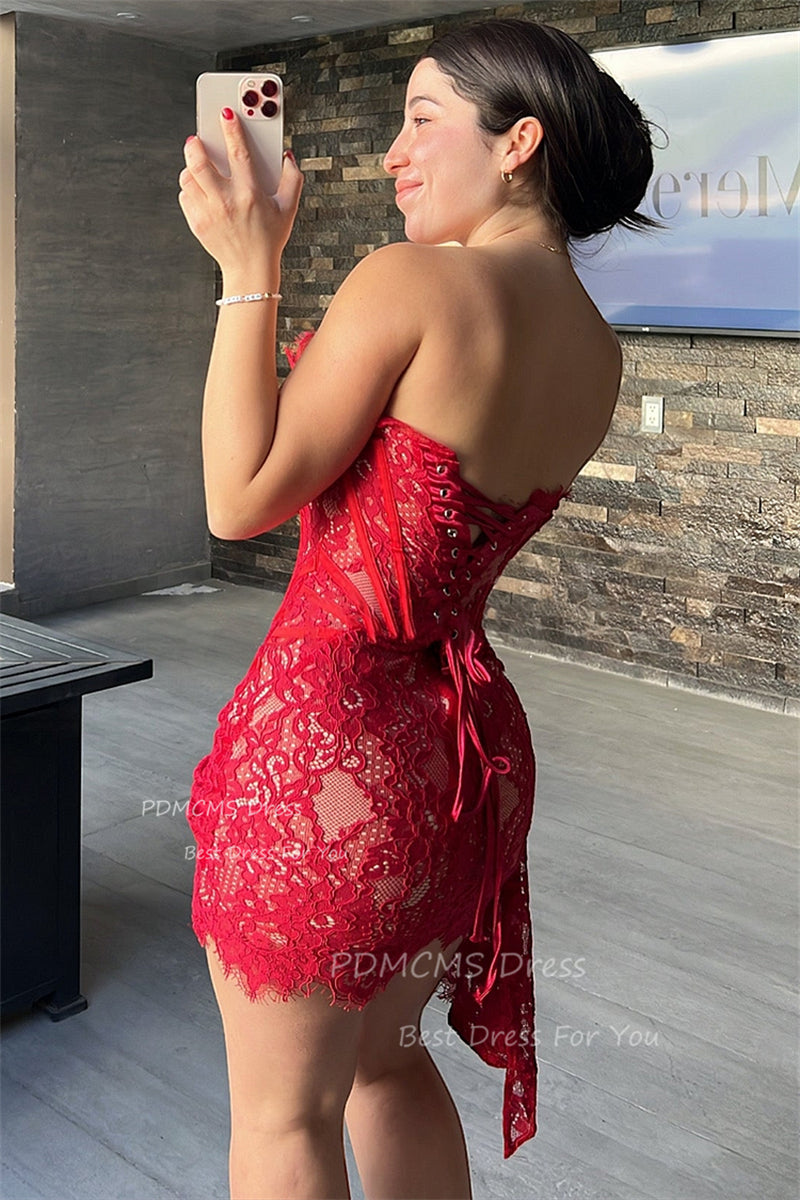 Red Strapless Lace Short Party Dresses Dubai Arabic Woman Cocktail Dress Blackg image 3