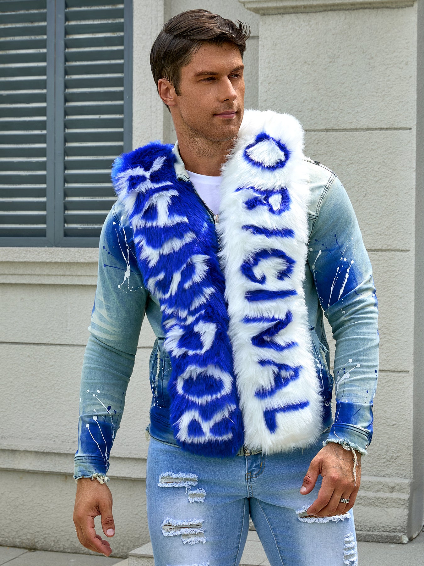 Men's fashion stretch jacket, full strip printing, fashion wash, has a very fas image 3