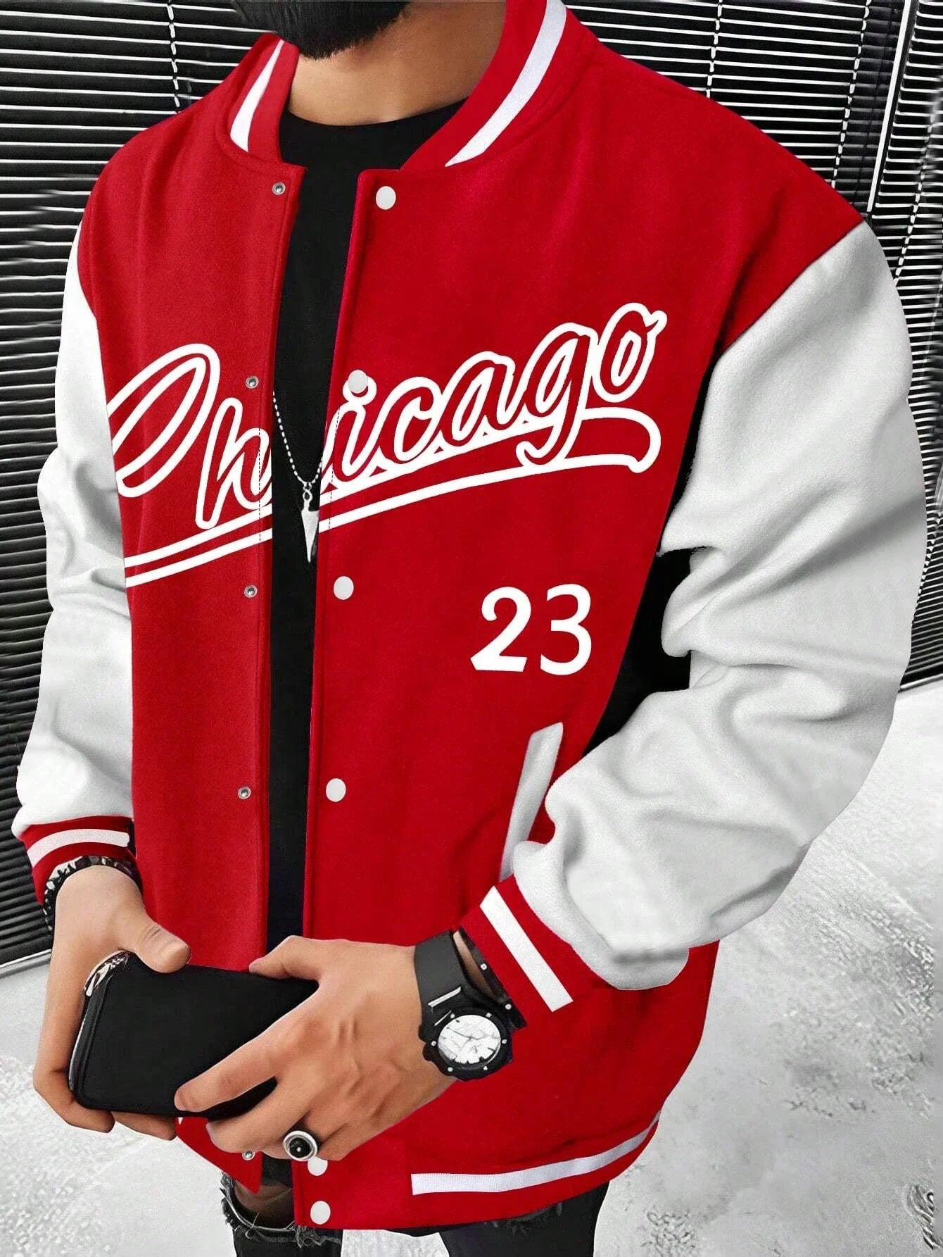 Manfinity Men's Letter Print Color-block Baseball Jacket motorcycle jacket stre image 2
