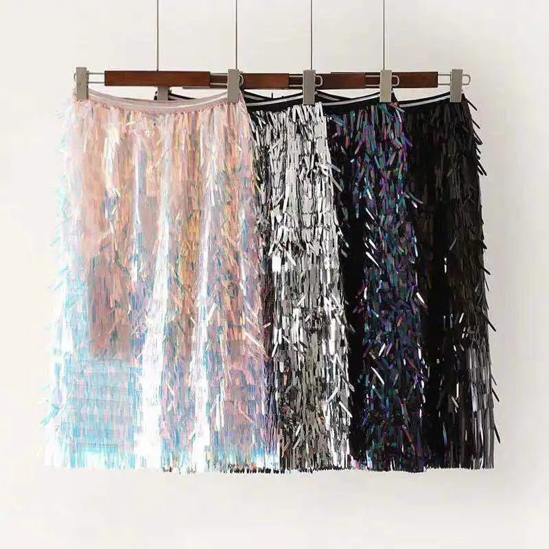 Cool super high fringe sequins pockets hip skirt skirts one pace of heavy colou