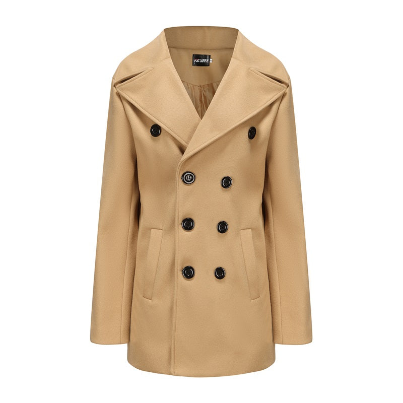 Men Winter Woolen Coats with Lapel Neck Long Sleeve Double Breasted B