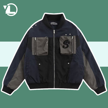 Street Retro Patchwork Baseball Jacket Man Autumn Loose Pilot Jackets Multi Poc image 2