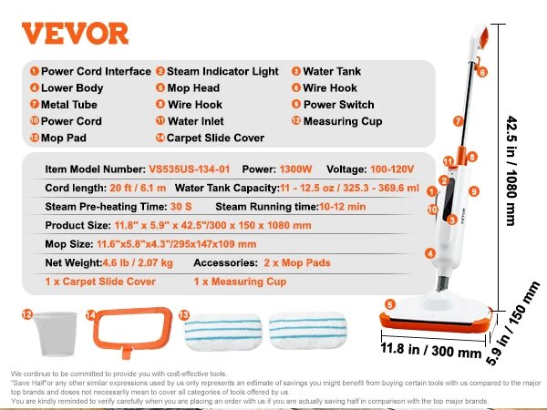 VEVOR Steam Mop Cleaner 5-in-1 High Temperature Steam Cleaner Multipurpose Floo image 2