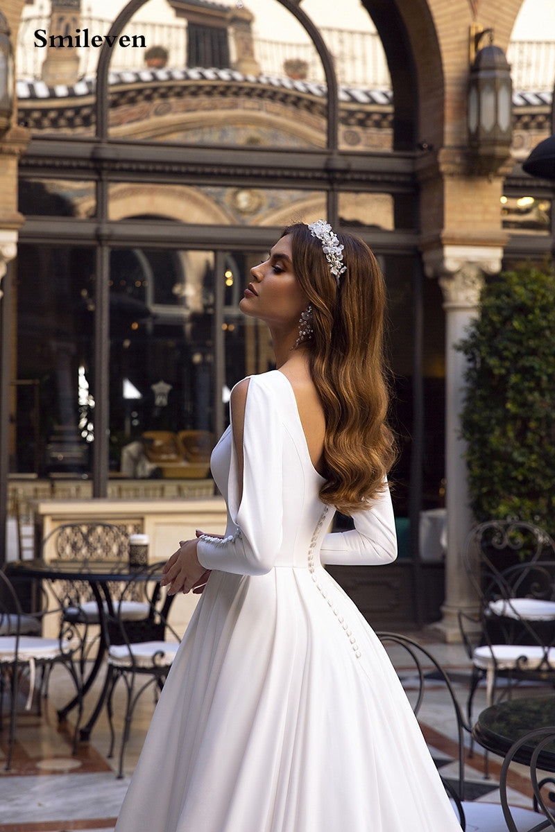 Smileven Satin Princess Wedding Dresses Long Sleeve Backless Caftan  Bri