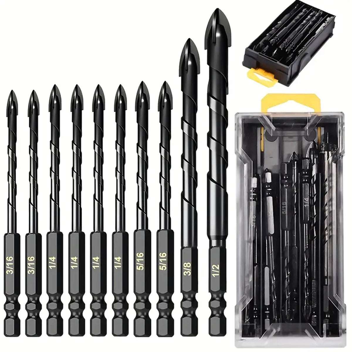 10 Pcs Masonry Concrete Drill Bit Set, for Tile, Brick, Glass, Plastic and Wood,
