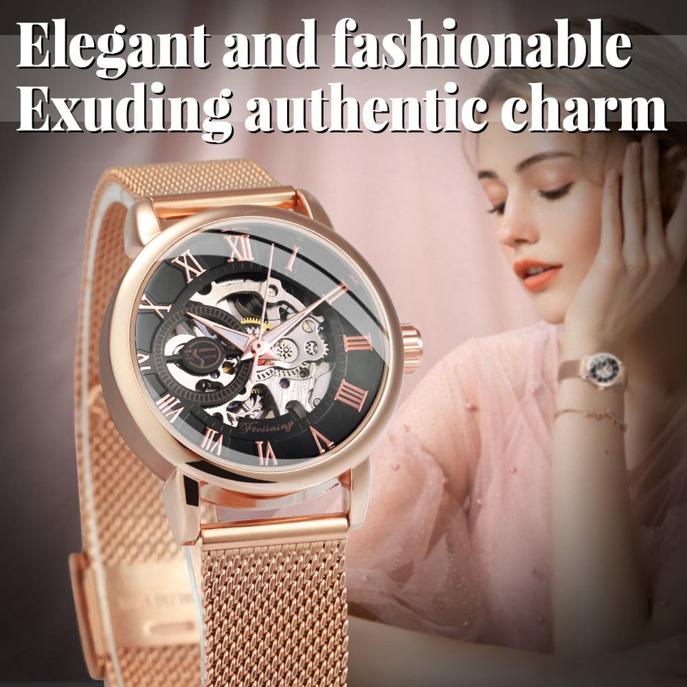 Forsining Rose Gold Skeleton Mechanical Watch for Women Fashion Luminous Hands  image 2