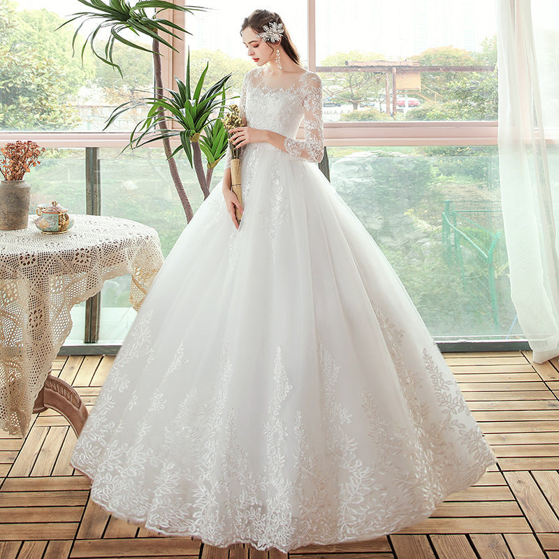 2022 New  O-neck Wedding Dress Lace Embroidery Long Sle