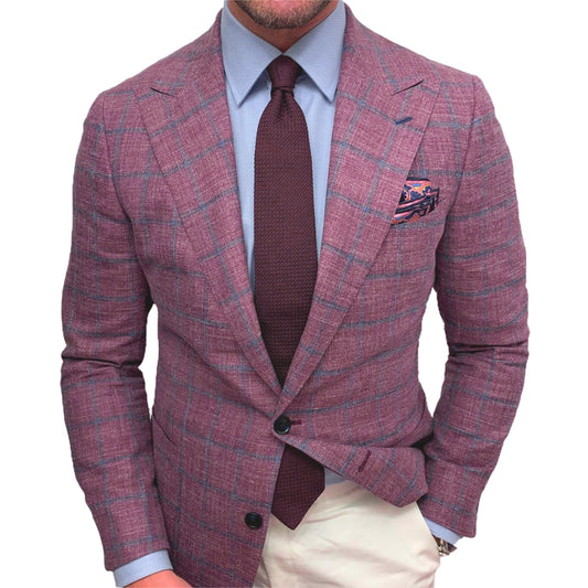 Men  Fit Blazer Classic Checkered Design Single Color Lapel Long Sleeve Butto