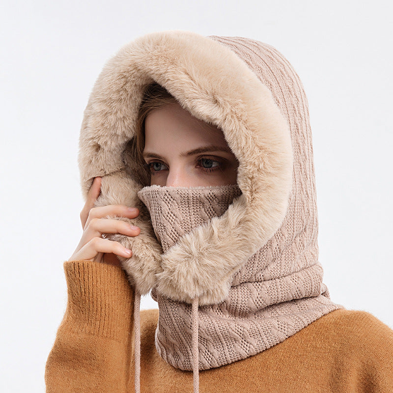 Women Beanie Hat Winter Balaclava Knitted Cap Hooded Face Mask Fluff Keep Warm  image 5