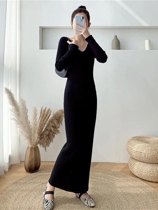 Zoki Elegant Solid Women Knitted Dress Simple Korean Slim Long Sleeve Ankle Len