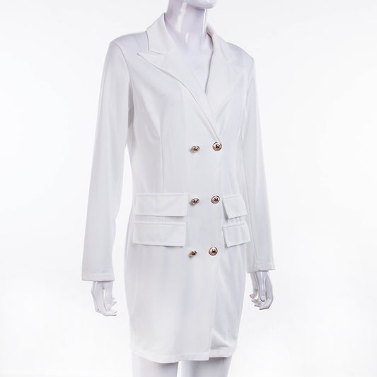 Women Formal V Neck Blazer with Long Sleeves and Double Breasted Desi