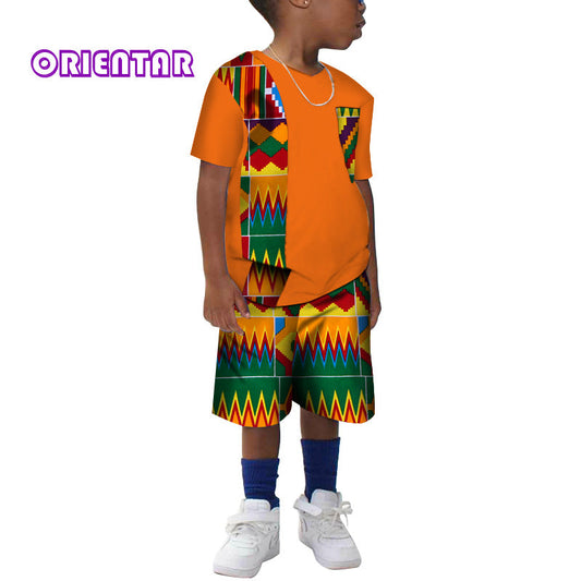 Kids African Clothes 2 Pieces Set African Print Cotton Short Sleeve Dashiki Shi