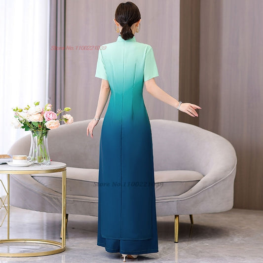 2024 vietnam aodai dress cheongsam national gradient color dress+pants set impr