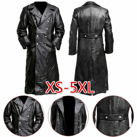 MEN'S GERMAN CLASSIC WW2 MILITARY UNIFORM OFFICER BLACK  LEATHER TRENCOAT