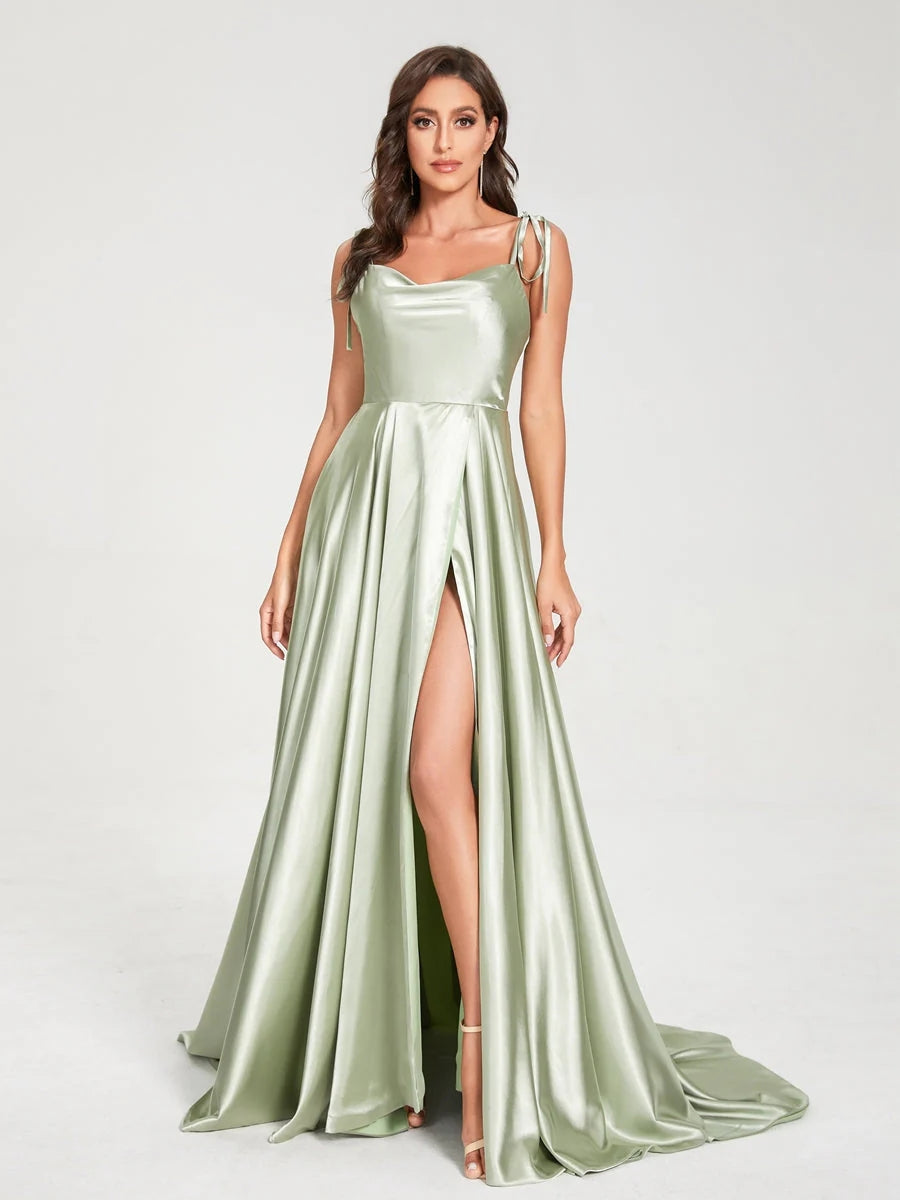 SoftSatin Maxi Flared Dress with High Slit  Bridesmaid Dress Open