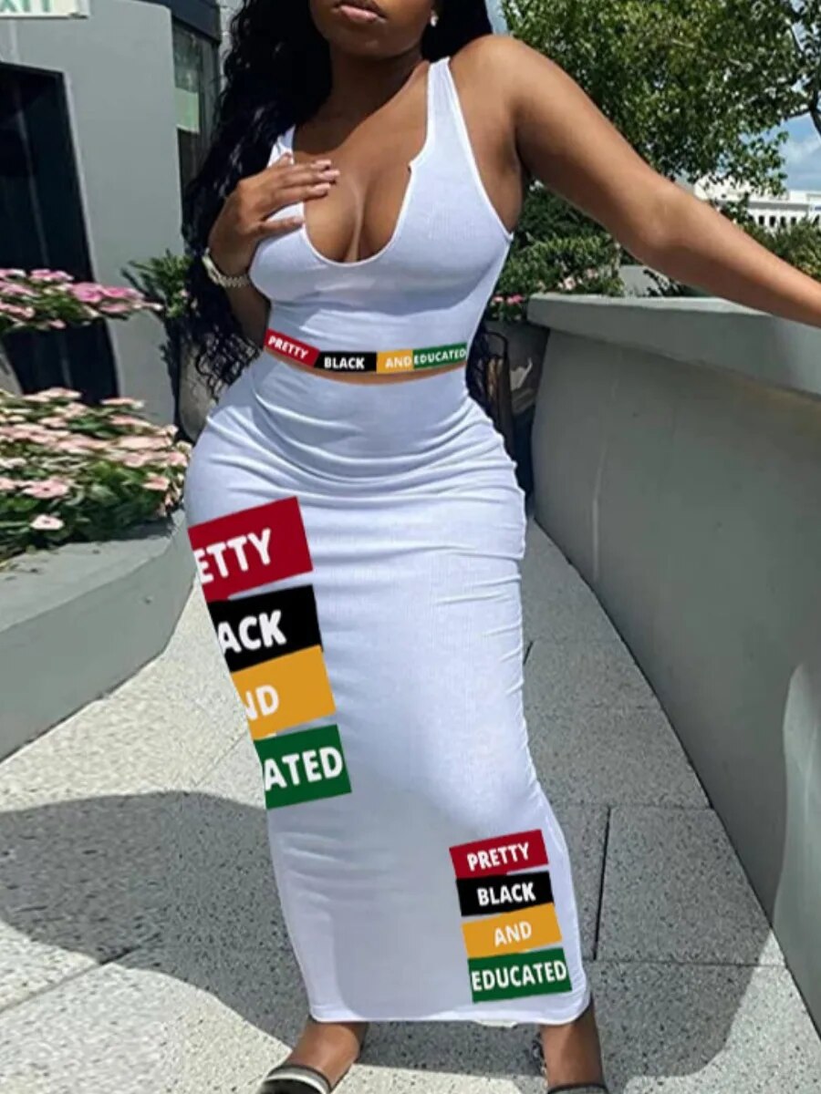 LW Letter Print Two Pieces Dresses Suits Sleeveless Pullover Cutout Cami Top&Lo