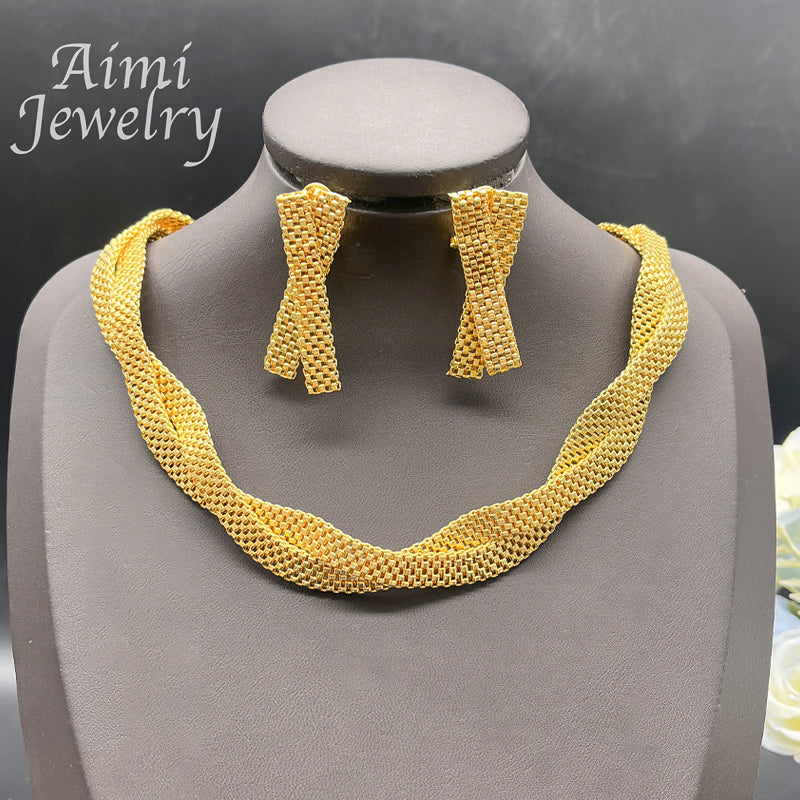 Simple 18K Gold Plated Jewelry Set for Women Golden Choker Necklace Drop Earrin image 0