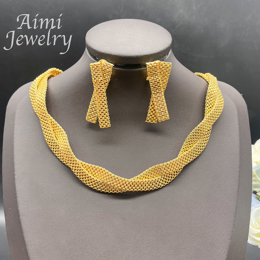 Simple 18K Gold Plated Jewelry Set for Women Golden Choker Necklace Drop Earrin image 0